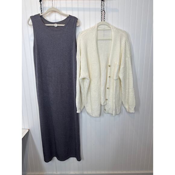SHEIN Cream Sheer Button Cardigan & Unbranded Gray Maxi Dress Bundle Size 2X - Picture 3 of 8